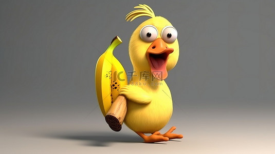 一只抓着香蕉的滑稽 3D 小鸡