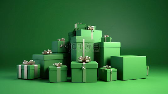 黄色礼物盒子背景图片_绿色背景以惊人的效果展示了 3D 礼品盒