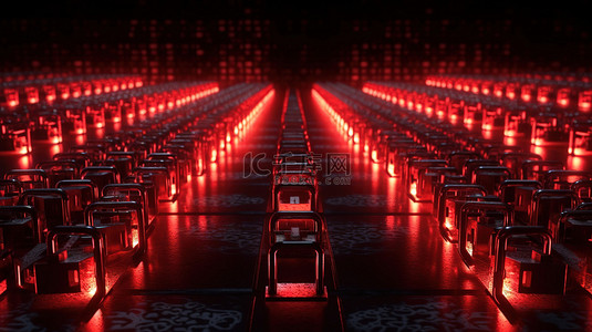 发光的红色热金属挂锁在 3D 渲染中的钢铁锁的行和列中脱颖而出