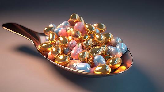 勺子上的铜元素注入药丸膳食补充剂和维生素胶囊的 3D 插图