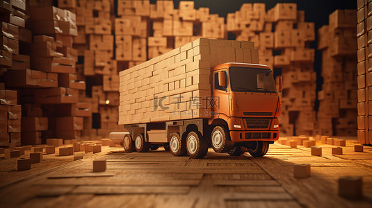 下单配送背景图片_货物运输一辆 3D 卡车，托盘上装有纸板箱