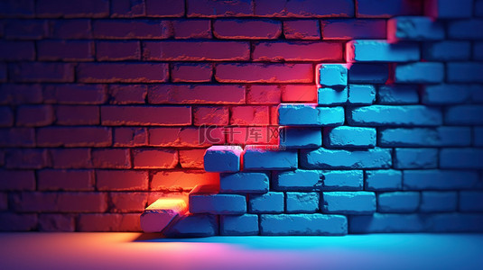 带间隙的对角抹灰砖墙的霓虹灯 3D 插图