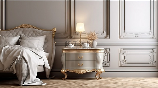优雅华丽背景图片_华丽的新古典卧室 3D 渲染中经典床头柜上的优雅电视柜