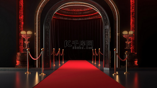 红色带图案背景图片_v i p 入口黑色阿拉伯门，带红绳屏障红地毯和 3d 渲染