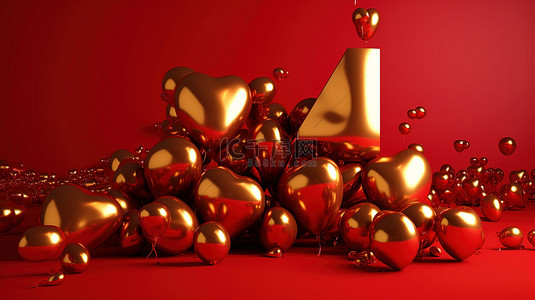 金色情人节气球字体 3D，红色背景上有闪亮的心和小球体