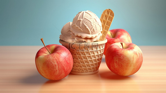 美味的苹果冰淇淋是一种甜蜜的享受，配有松脆的华夫饼锥体和摄影 3D 插图