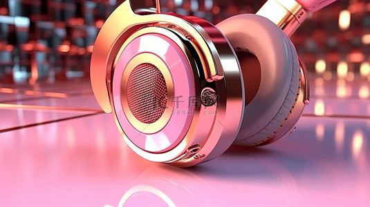 3D 渲染技术概念，以粉色和金色耳机为特色，带来音乐享受