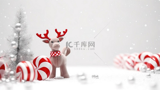 节日场景与驯鹿雪花和拐杖糖 3D 渲染插图