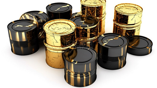 黑色工业背景图片_白色背景上孤立的金条和油桶的 3d 渲染