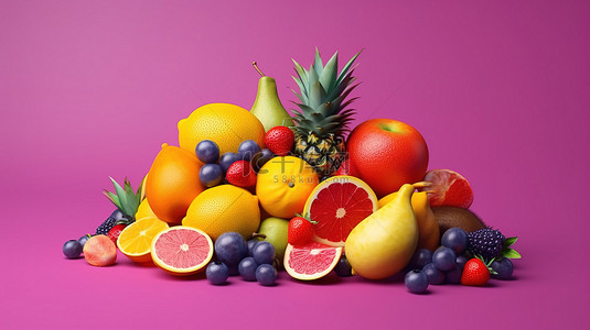 充满活力的夏季水果，以西瓜柠檬和橙色为特色，紫色背景，以 3D 渲染的清爽夏季概念