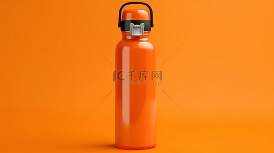 充满活力的橙色背景上的 3D 渲染单色塑料水瓶