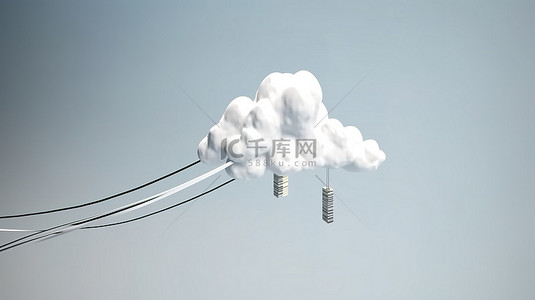 云数据存储技术概念3D白云，带上传进度条和电缆连接