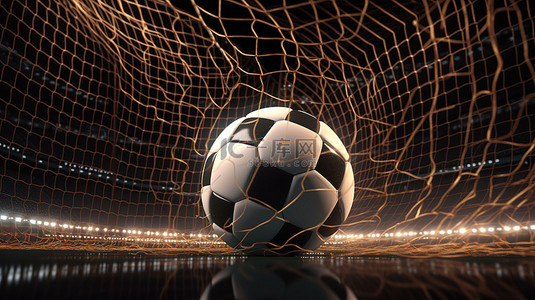 踢足球的网背景图片_目标实现了网中足球的 3D 渲染，聚光灯象征着成功