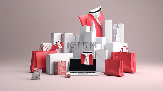 购物网站背景图片_科威特的在线购物通过社交媒体和网站的 3D 渲染变得生动