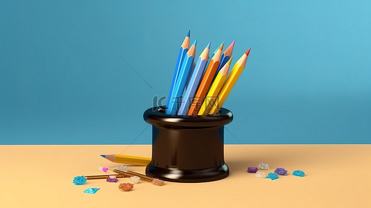 课程单页背景图片_蓝墙上毕业帽和铅笔学习 3D 渲染的象征