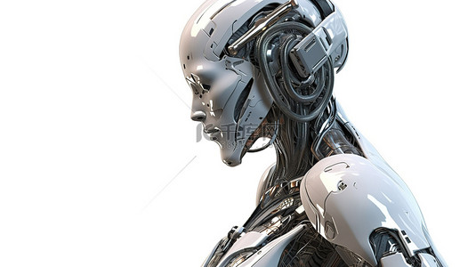 从侧面看到的 3D 渲染中的白色女性机器人或机器人上被隔离
