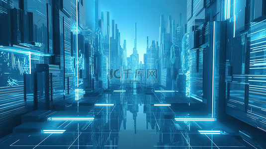 城市虚拟背景图片_数字大都市蓝色背景下未来城市的 3D 渲染