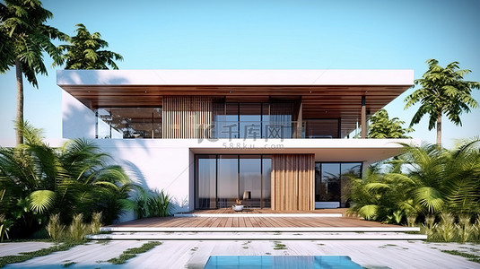 从侧面看当代热带住宅的 3D 插图
