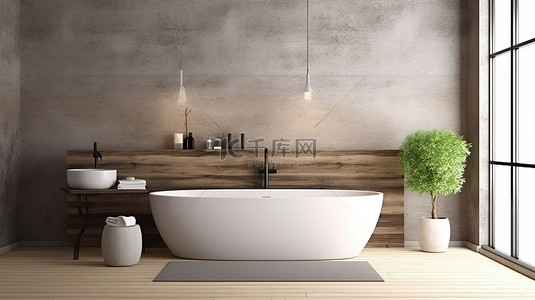精致的浴室配有浴缸和带木板 3D 渲染的石质墙边桌