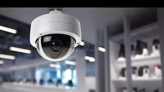 系统安全背景图片_具有 3D 闭路电视或安全摄像头渲染的零售店背景模糊