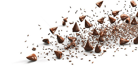 甜巧克力洒在空气中跳舞，白色背景上的 3D 插图