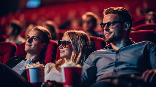 观看电影背景图片_可爱的伙伴享受电影院约会看电影和运动时尚 3D 眼镜