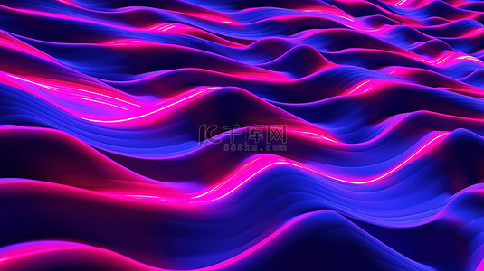 光效应漩涡背景图片_抽象蓝色和粉色几何波浪图案中发光交叉线的 3D 插图