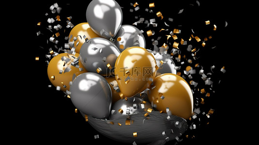 黑色氣球背景图片_节日 3D 渲染闪闪发光的金色和银色气球，黑色背景上洒满箔纸五彩纸屑