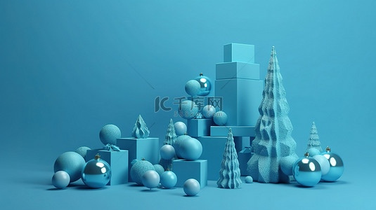 可爱蓝色边框背景图片_蓝色的圣诞魔法令人惊叹的 3D 渲染