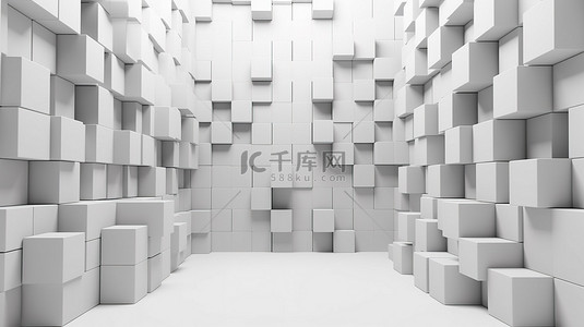 白色空间背景在 3D 渲染中补充灰色立方体砖堆墙