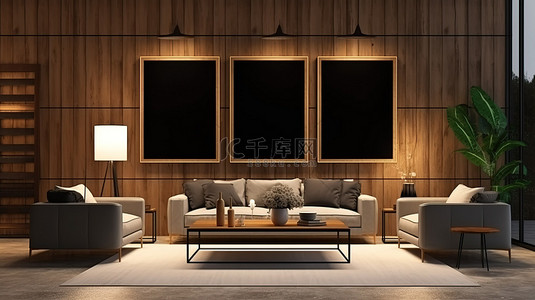 当代木制住宅的夜间客厅设有 3D 渲染的空白相框