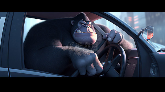 有趣的 3D 胖乎乎的大猩猩驾驶汽车并发出大拇指朝下的信号