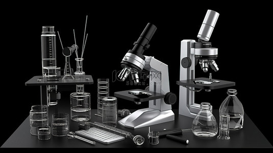 用于在黑暗实验室环境中进行化学研究的 3D 插图中的科学设备和显微镜