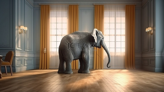房间里的大象背景图片_房间里一只孤独大象的创意 3D 渲染