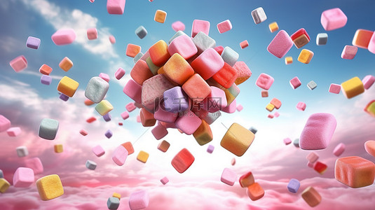 粉色方块中五彩糖果在彩虹显示屏中飞行的 3D 插图