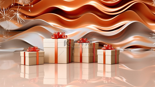 3D 圣诞节和新年背景下的节日礼品盒和有机玻璃对织物波的影响