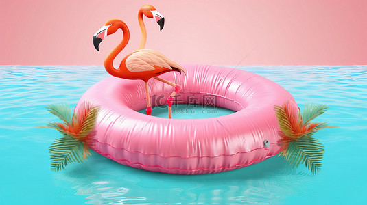 粉红色背景下最小火烈鸟充气泳池环的 3D 渲染，唤起暑假的热带氛围