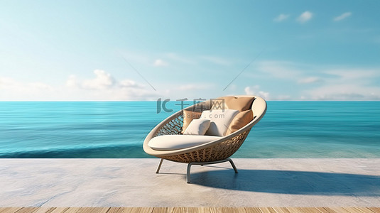 俯瞰大海的豪华海滩躺椅的 3D 渲染