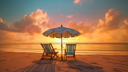 热带海滩的令人惊叹的日落景观，有两把椅子和一把雨伞，3D 渲染