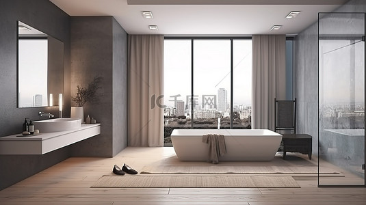 花式分隔背景图片_带浴缸和分隔卧室的玻璃隔断的时尚简约浴室的 3D 渲染