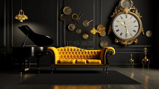钢琴优雅背景图片_优雅的单色装饰，配有黑色和黄色大钢琴古董钟和沙发 3D 渲染