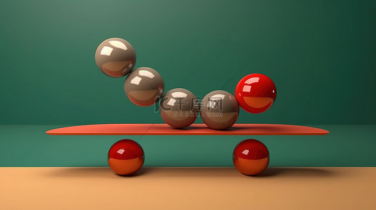 跷跷板上处于平衡状态的相同球体的三维图示
