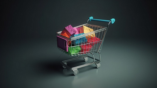 带轮子的购物袋的插图，在 3D 渲染中添加到购物车