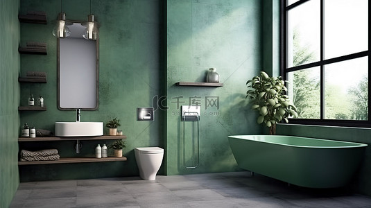 水泥桶背景图片_绿色和水泥阁楼浴室，采用现代风格 3D 渲染设计