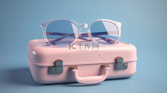 保持背景图片_蓝色孤立背景下带眼镜的浅粉色手提箱 3d 渲染