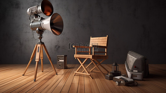 3D 渲染中配有导演椅电影拍板和扩音器的木地板