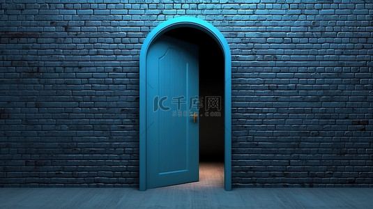 一堵砖墙，有一扇打开的蓝色门 3D 渲染
