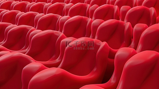 3D 渲染中一排充满活力的红色卡通椅子带来令人惊叹的影院体验