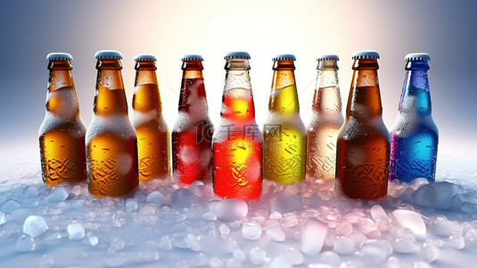 藤背景图片_3D 渲染的啤酒瓶和杯子的冰冷展示