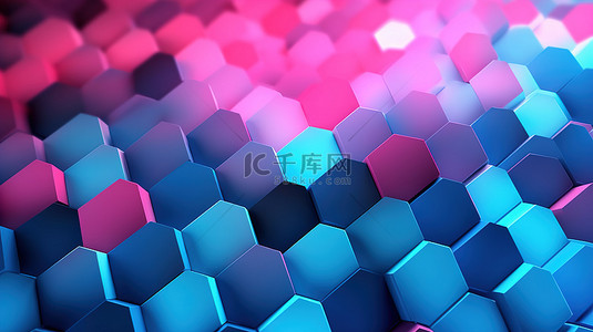 荧光蓝荧光背景图片_蓝色和粉色抽象六边形图案的 3D 渲染